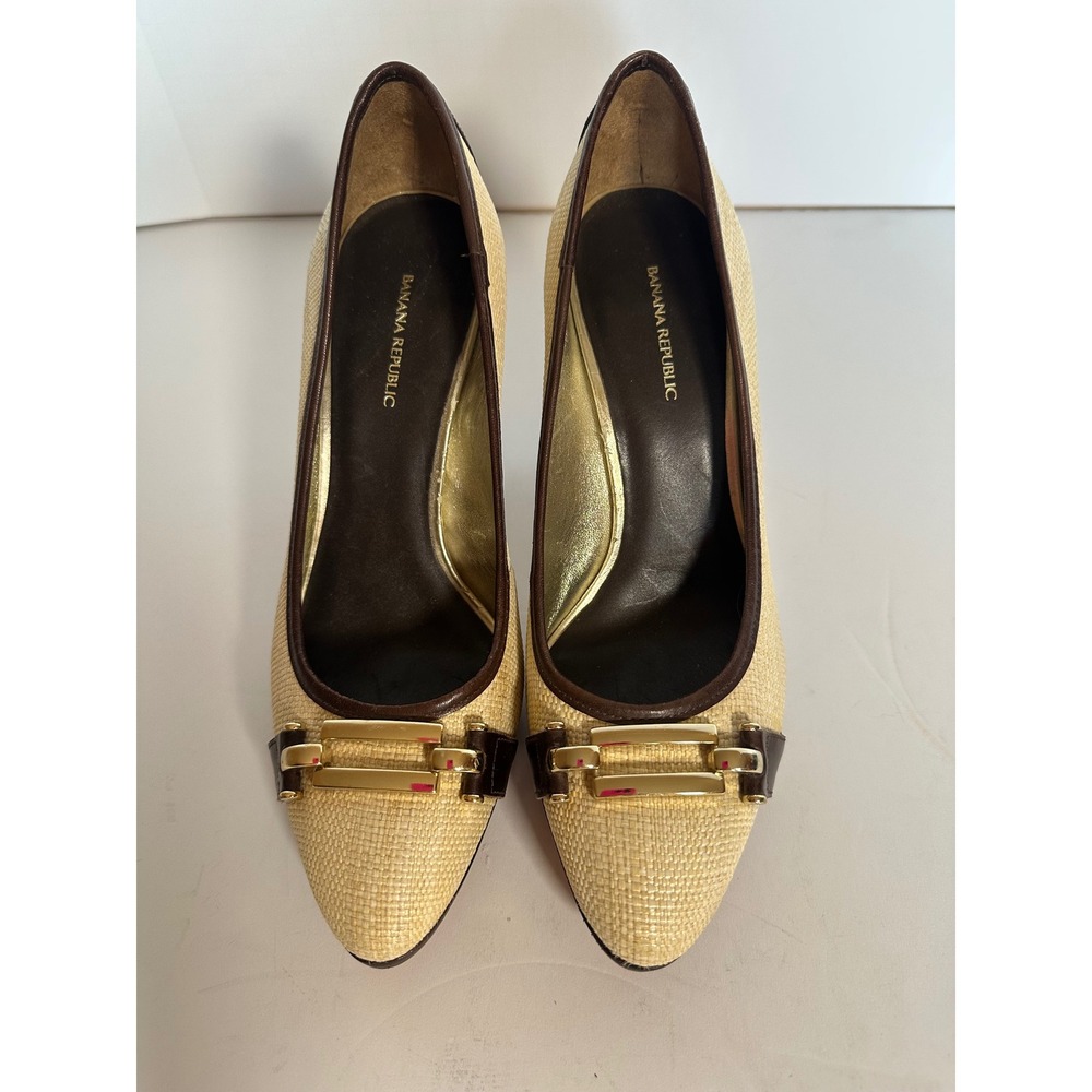 Banana Republic Woven Straw Leather Trim Buckle Pumps Brown Tan Gold Size 8.5